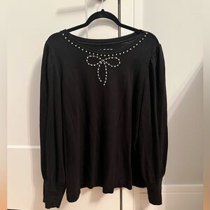 LOFT Black Long-Sleeved Crystal Bow Top (XXL)